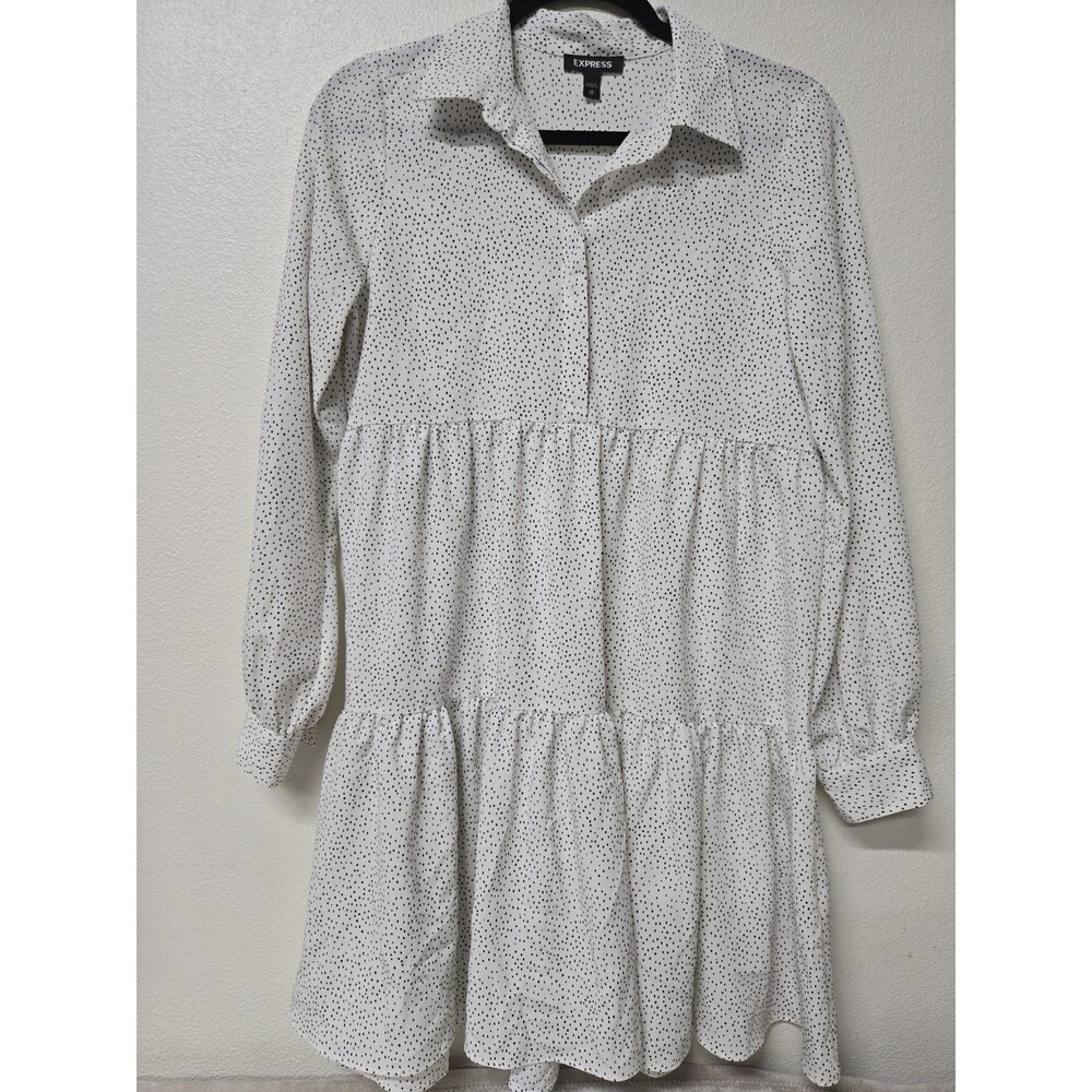 Express Womens White Polka Dot Tiered Long Sleeve Mini Shirt Dress XS/TP